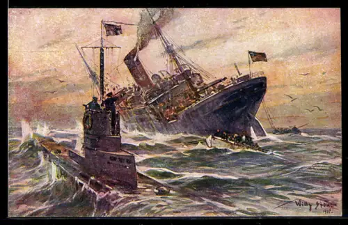 Künstler-AK Willy Stoewer: Deutsches U-Boot vernichtet englischen Handelsdampfer