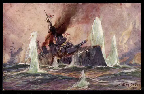 Künstler-AK Willy Stoewer: Englisches Kriegsschiff im Salvenfeuer deutscher Kreuzer, Seeschlacht i. d. Nordsee 24.1.1915