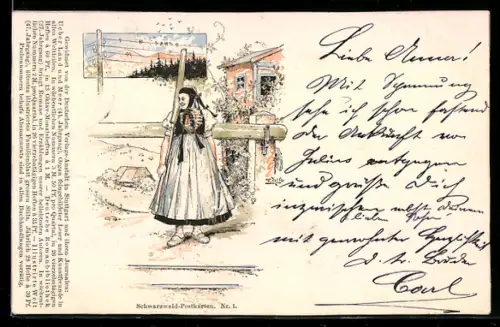 Künstler-AK Fritz Reiss: Frau in Schwarzwald-Tracht vor dem Haus