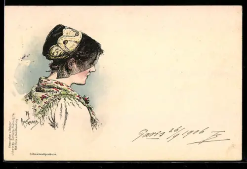 Künstler-AK Wilhelm Hasemann: Junge Frau aus dem Schwarzwald mit dunkler Haube