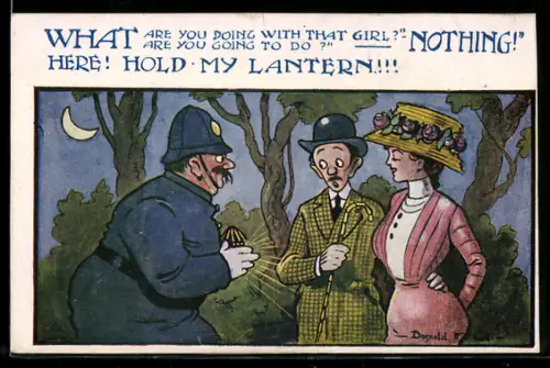 Künstler-AK Donald McGill: Polizist befragt das Paar beim nächtlichen Spaziergang