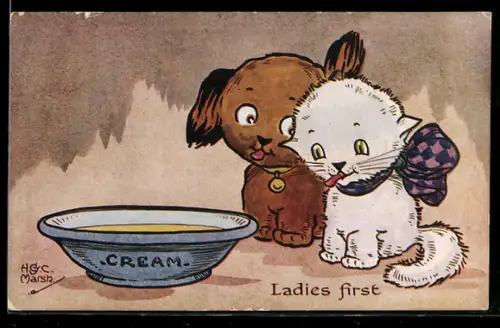 Künstler-AK H. G. C. Marsh-Lambert: Hund und Katze freuen sich auf die Schale mit der Sahne