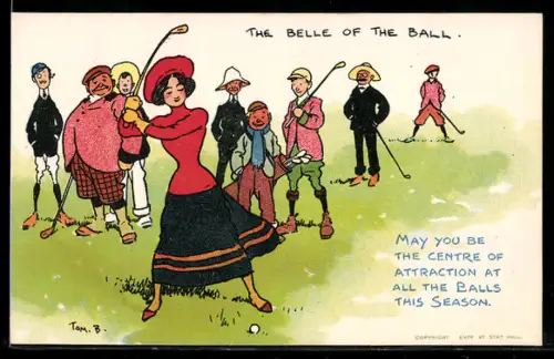 Künstler-AK Tom Browne: The Belle of the Ball, Golfspieler schauen einer Dame zu