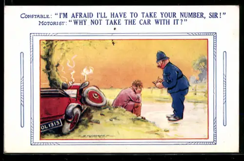 Künstler-AK Douglas Tempest: Mann befragt den Fahrer nach dem Autounfall