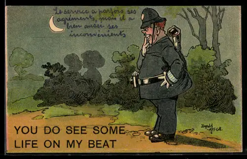 Künstler-AK Donald McGill: Polizist beobachtet das verliebte Paar im nächtlichen Park