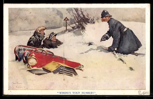 Künstler-AK Lawson Wood: Polizist fragt den Fahrer nach dem Unfall nach dem Autokennzeichen