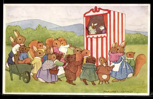 Künstler-AK Margaret Tempest: Hasen und Igel schauen zusammen ein Puppenspiel, vermenschlichte Tiere