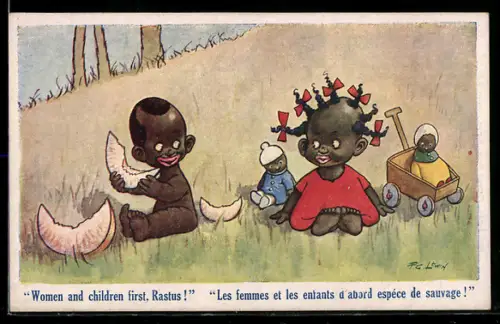 Künstler-AK Frederic G. Lewin: Afrikanischer Junge isst eine Frucht und das Mädchen schaut zu