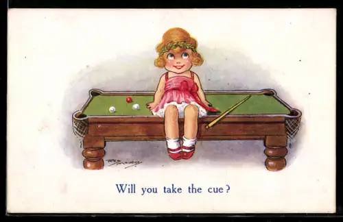 Künstler-AK Maurice: Mädchen sitzt auf einem Billardtisch