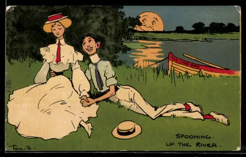 Künstler-AK Tom Browne: Spooing up the River, Scherz, Mondgesicht