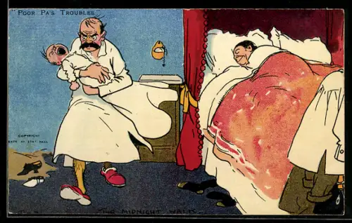 Künstler-AK Tom Browne: Vater kümmert sich nachts um das schreiende Baby