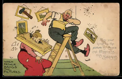 Künstler-AK Tom Browne: Wehen father hangs the pictures, Vater hängt bilder auf
