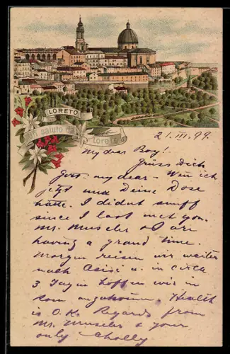 Lithographie Loreto, Panorama des Ortes mit Umgebung