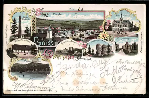 Lithographie Oberplan, Ortsansicht von oben, Sparkasse, Bärenstein, Plöckensteiner See