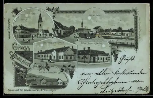 Mondschein-Lithographie Leitzersdorf, Leop. Grundschober`s Gasthaus, K. u. k. Milit. Schiesstätte