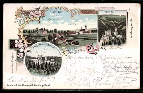 Lithographie Els, Wasserheilanstalt Hartenstein, Blick auf das Dorf
