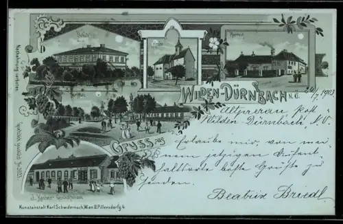 Mondschein-Lithographie Wildendürnbach /N.Ö., Schule, Kirche, Pfarrhof, Dorfplatz und J. Kantner`s Geschäftshaus