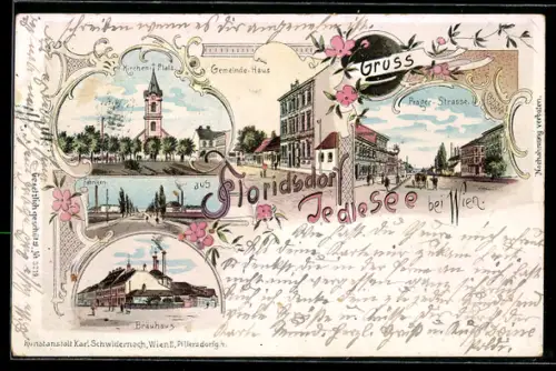 Lithographie Floridsdorf bei Wien, Partie in der Prager-Strasse, Kirchenplatz und Bräuhaus