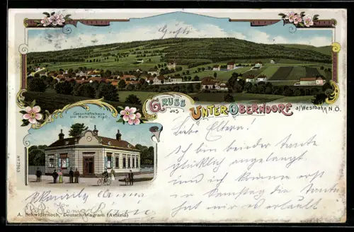 Lithographie Maria Anzbach, Unter-Oberndorf an der Westbahn, Totalansicht und Geschäft von Mathias Hipfl