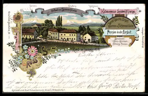 Lithographie Pattigham /O.-Oe., St. Thomas b. Ried im Innkreis, Ortspartie mit Heilbad