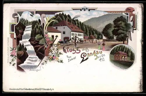 Lithographie Langau a. d. Ois, Oprtspartie, Lassingfall und Ötscher Haus