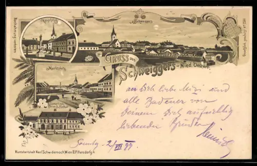 Lithographie Schweiggers /Nied. Österr., Totalansicht mit Kirche, Hauptplatz, Marktplatz und R. Hamerlings Hotel