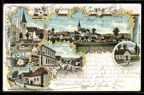 Lithographie Asperhofen, Totalansicht, Spritzenhaus, Bäckerei von J. Ehn