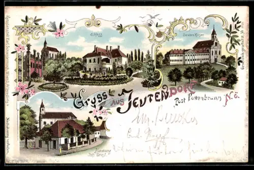 Lithographie Jeutendorf /N.Ö., Serviten-Kloster, Schloss und Geschäft von Joh. Grasl