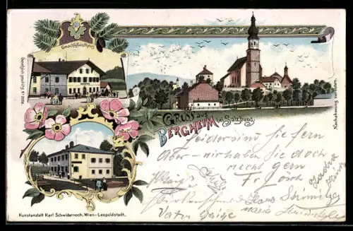 Lithographie Bergheim b. Salzburg, Kirche & Gmachl`s Gasthaus