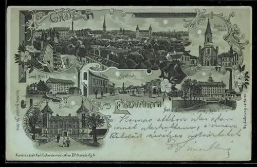 Mondschein-Lithographie Ebenfurth /Nied. Österr., Kirche und Schule, Dampf-Mühle, Schloss