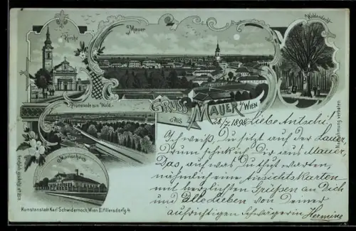 Mondschein-Lithographie Mauer b. Wien, Marienhaus, Promenade zum Wald, Waldandacht