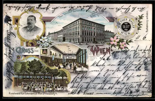 Lithographie Wien, Gasthaus v. Franz Hermann, Alleegasse 46, Wiedner Radler