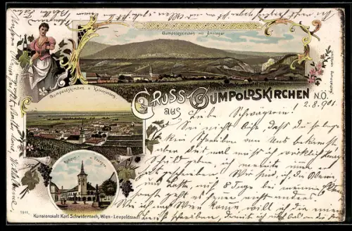 Lithographie Gumpoldskirchen /N. Ö., Rathaus und Pranger, Ortsansicht vom Kalvarienberg