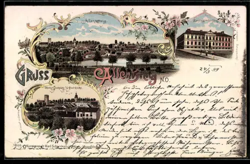 Lithographie Allentsteig /N.Ö., Landessiechenhaus, Oberer Stadtplatz m. d. Pfarrkirche, Gesamtansicht