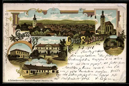 Lithographie Russbach /N. Ö., F. Herzog`s Handlung, Schloss, Schule, Kirche