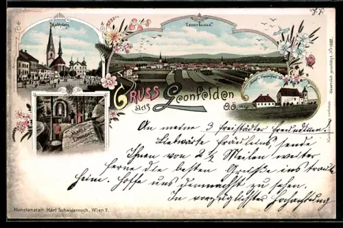 Lithographie Leonfelden /O. Ö., Marktplatz, Bründl und Franzensbad