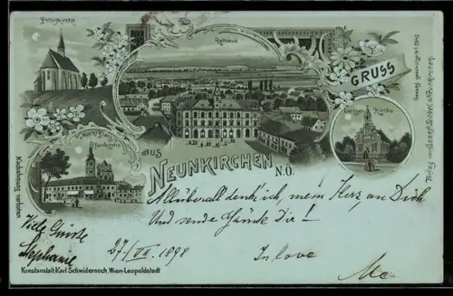 Mondschein-Lithographie Neunkirchen /N. Ö., Peterskirche, Rathaus, Pfarrkirche