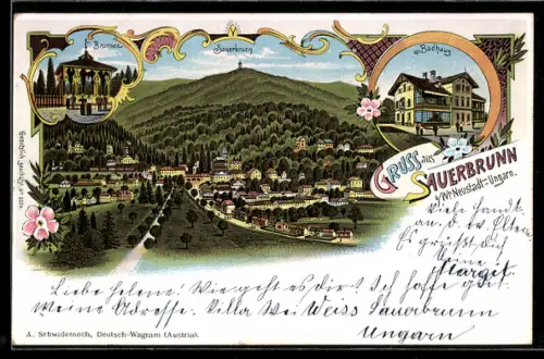 Lithographie Sauerbrunn b. Wr. Neustadt, Badhaus, Brunnen, Ortsansicht mit Berg