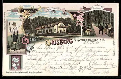 Lithographie Gaisberg, Gasthaus, Kegelbahn, Mann in Tracht