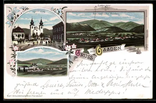 Lithographie Gaaden /Nieder-Oesterr., Kirchenplatz, Ortsansicht aus der Vogelschau