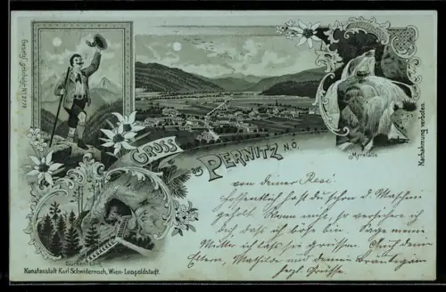 Mondschein-Lithographie Pernitz /N. Ö., Türken-Loch, Myrafälle, Wanderer