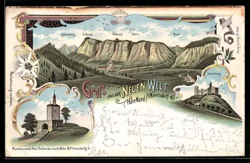 Lithographie Hohe Wand, Maiersdorf, Neue Welt, Panorama mit Gr. Kanzel und Völlerin, Emmerberg