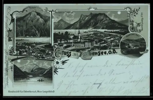 Mondschein-Lithographie Ebensee /O. Ö., Rinnbach, Ortsansicht mit Traunsee