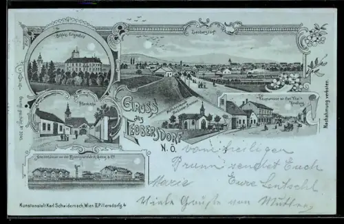 Mondschein-Lithographie Leobersdorf /N. Ö., Schloss Enzesfeld, Pfarrkirche, Hauptstrasse mit Carl Vitals Handlung