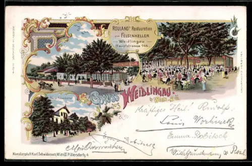 Lithographie Weidlingau b. Wien, Gasthaus Roulands Felsenkeller, Hauptstrasse 144