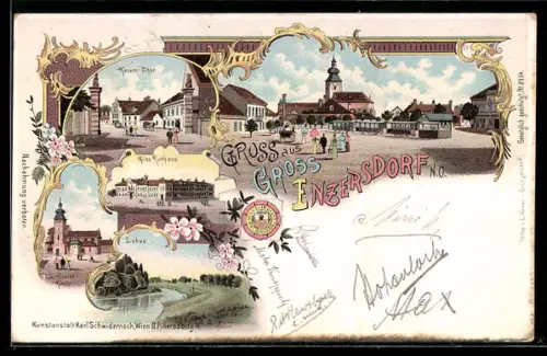 Lithographie Gross-Enzersdorf, Kasernentor, Altes Rathaus, Liebfrauenkirche, Marktplatz