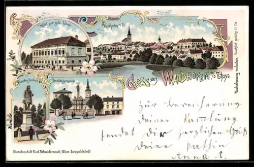 Lithographie Waidhofen a.d. Thaya, Hotel zum goldenen Löwen, Hamerling-Denkmal, Dreifaltigkeitssäule, Ortsansicht