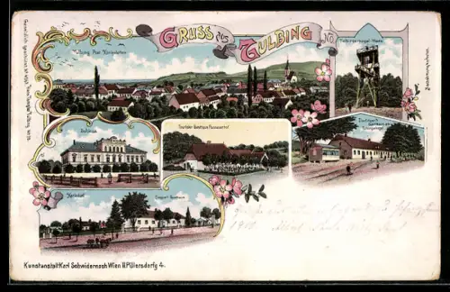 Lithographie Tulbing, Touristen Gasthaus Passauerhof, Dorfinger`s Gasthaus am Tulbingerkogel, Doppler`s Gasthaus