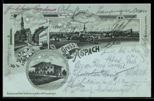 Mondschein-Lithographie Aspach b. Gurten, Postamt, Strassenpartie mit Kirche