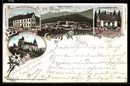 Lithographie Raach a. Hochgebirge, Schloss Wartenstein und Hotel zur schönen Aussicht